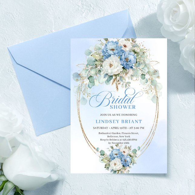 Invitación Chic Classic Pastel Blue Floral Gold Bridal Shower (Classic Pastel Blue Floral Gold Bridal Shower Invitation)