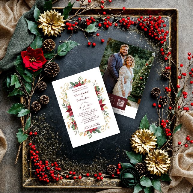 Invitación Chic Colorful Christmas Botanical & Floral Frame  (Chic Colorful Christmas Botanical and Floral Frame Wedding Invitations Cards with Back QR Code.)