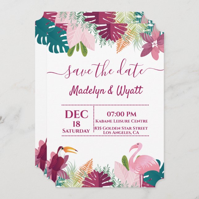 Invitación Chic Colorido Flamenco Selvático (Anverso / Reverso)