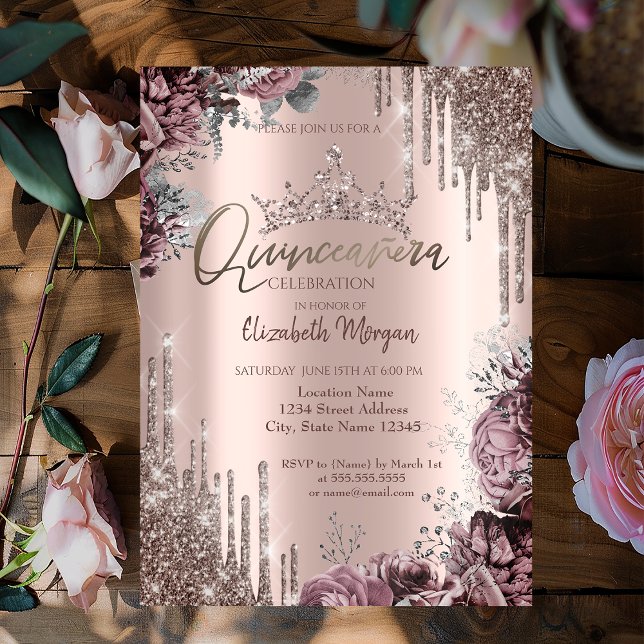 Invitación Chic Cool Glitter Crown Drop Dark Roses (Subido por el creador)