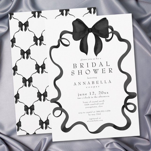 Invitación Chic Coquette Black Ribbon Bow Minimalist Shower (Shes Tying the Knot Chic Black Bow Bridal Shower Invitation)