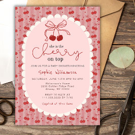 Invitación Chic Coquette Bow Cherry On Top Girl Baby Shower 