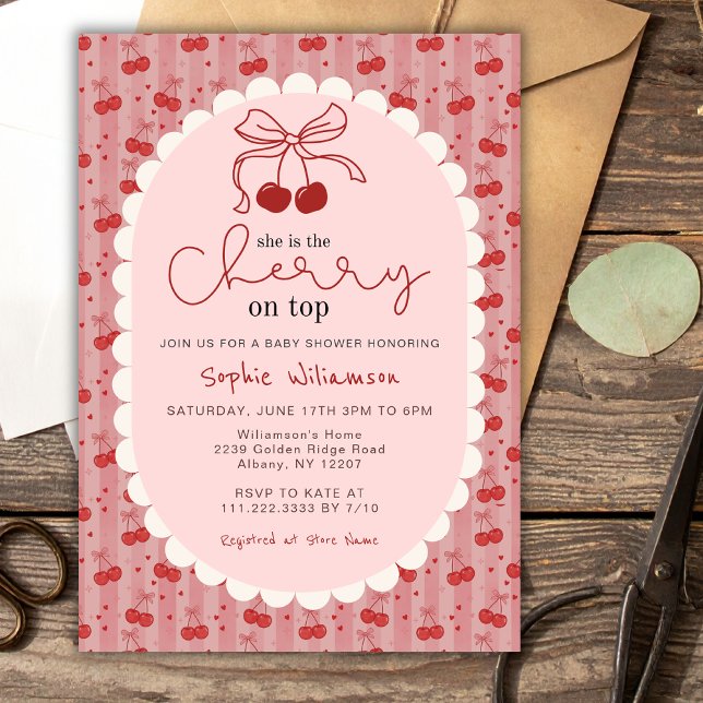Invitación Chic Coquette Bow Cherry On Top Girl Baby Shower  (Subido por el creador)