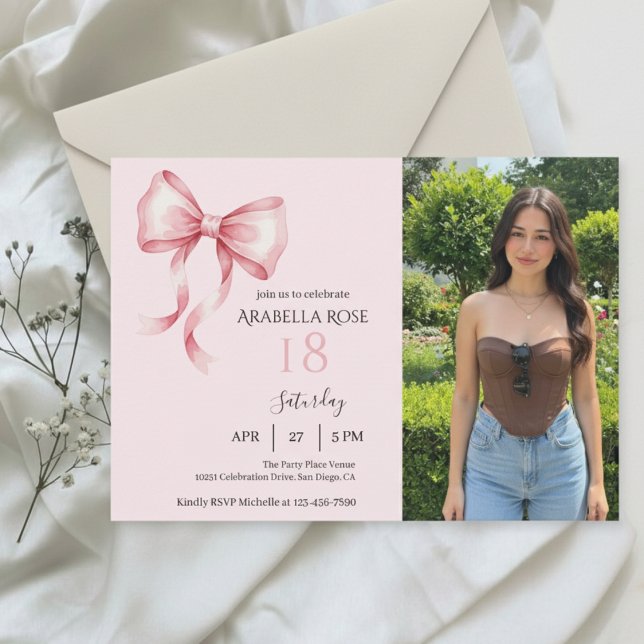 Invitación Chic Coquette Bow Photo Birthday Party Invitation (Subido por el creador)