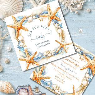 Invitación Chic costero Azul Mar Te Veo Pronto Bebé