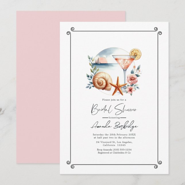 Invitación Chic Costero Rosa Rubor Desayuno Nupcial (Anverso / Reverso)