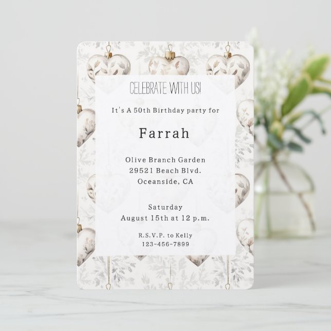 Invitación Chic Cream Grey Hearts Ornaments Birthday   (Anverso de pie)