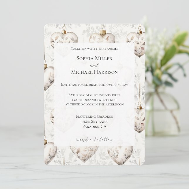 Invitación Chic Cream Grey Hearts Ornaments Wedding (Anverso de pie)