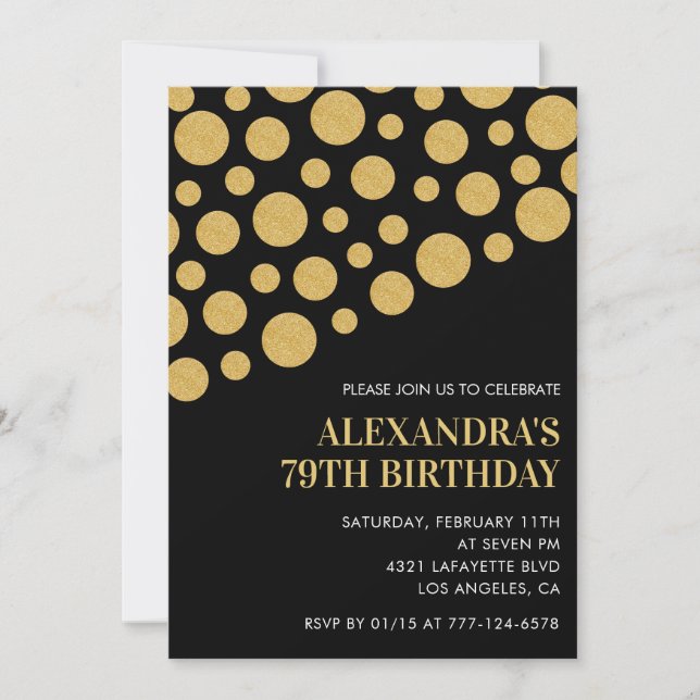 Invitación Chic Cumpleaños 79 Confeti de Oro Negro (Anverso)