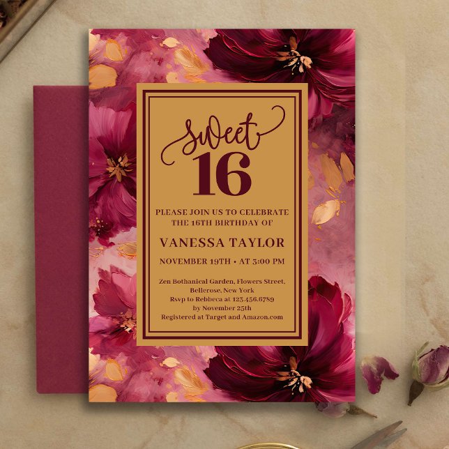 Invitación Chic de 16 Cumpleaños Burgundy Blush Go (Chic 16th Birthday Burgundy Blush Gold Invitation)