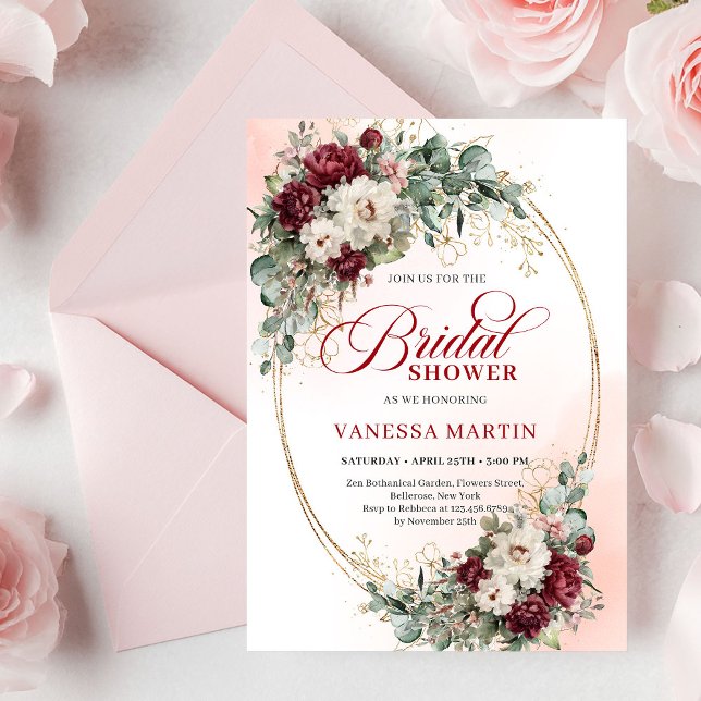 Invitación Chic de Fiesta de Despedida de Soltera  (Chic Deep Red Peony Gold Bridal Shower Invitation

)