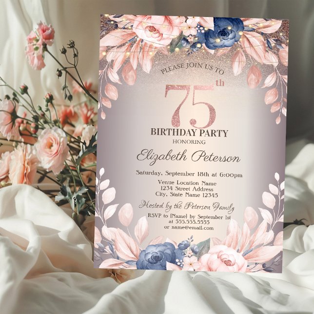 Invitación Chic de Lujo Floral, Luces de Cadena Cumpleaños 75 (Subido por el creador)