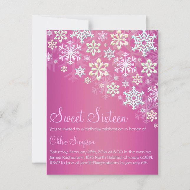 Invitación Chic de Nieve Rosa Caliente Sweet16 (Anverso)