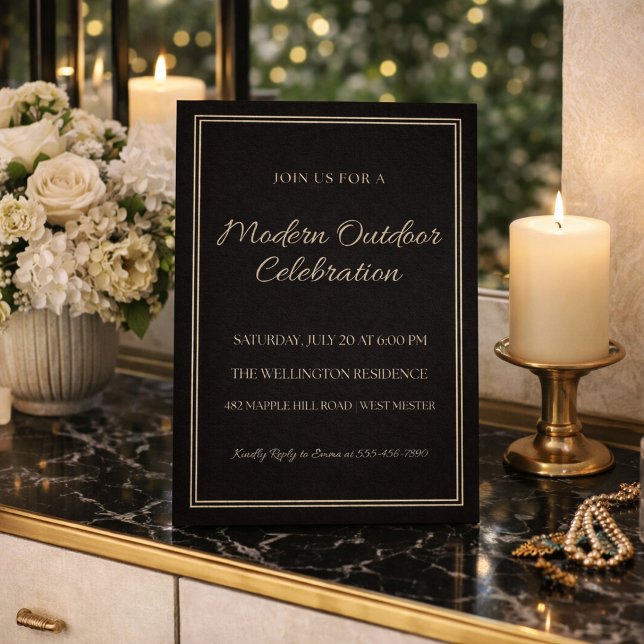 Invitación Chic de Noche Marfil Negro (Black and ivory layout with clean lines for a refined evening backyard celebration)