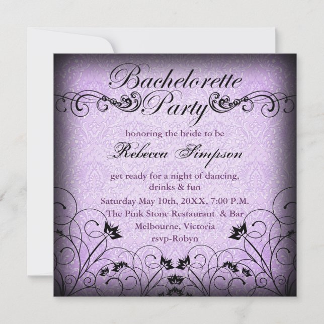 Invitación chic de soltera floral negra y púrpura (Anverso)