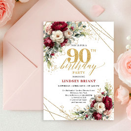 Invitación Chic Deep Red Gold Roses 90th Birthday Invitation 