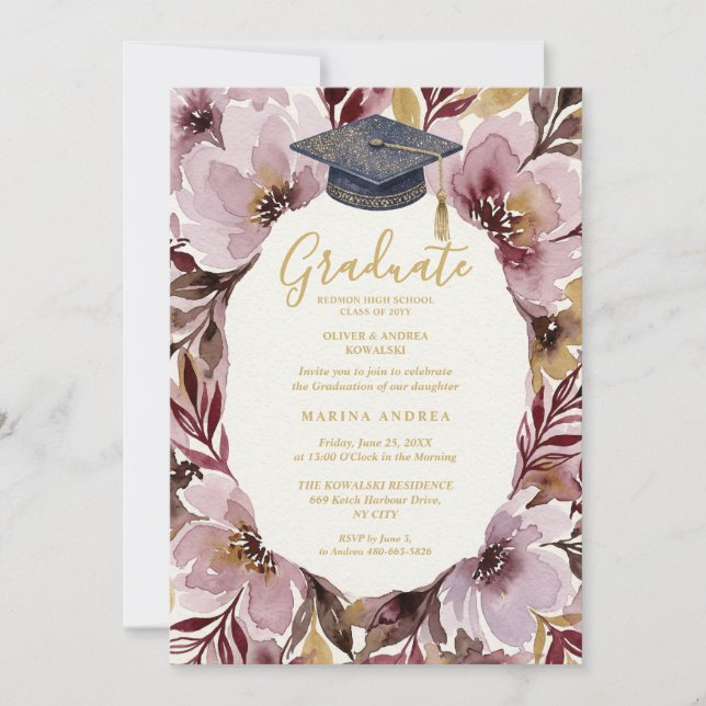 Invitación Chic Delicate Pink Floral Wreath Graduation Cap (Anverso)