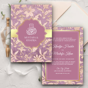 Invitación Chic Deslucido Lila Dorado Floral Boda Musulmana