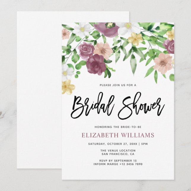 Invitación Chic Despedida de Soltera con Flores Silvestres Ac (Anverso / Reverso)