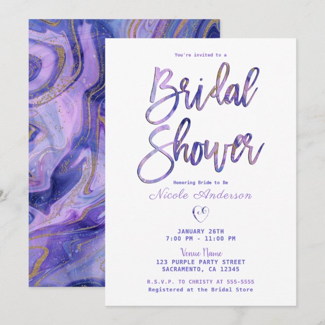 Invitación Chic Despedida de Soltera Mármol Dorado Blanco Púr (Anverso / Reverso)