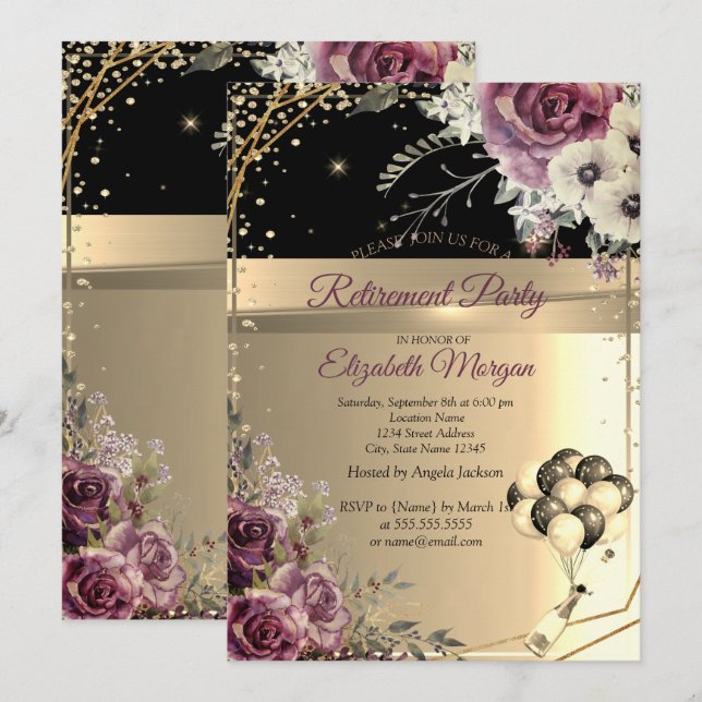 Invitación Chic Diamantes Globos Florales Fiesta de Jubilació (Anverso / Reverso)