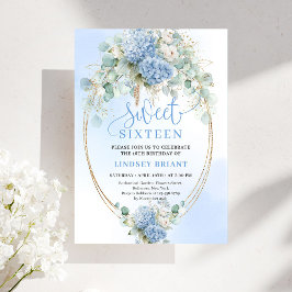 Invitación Chic Digital Blue Floral Eucalyptus Gold Sweet 16