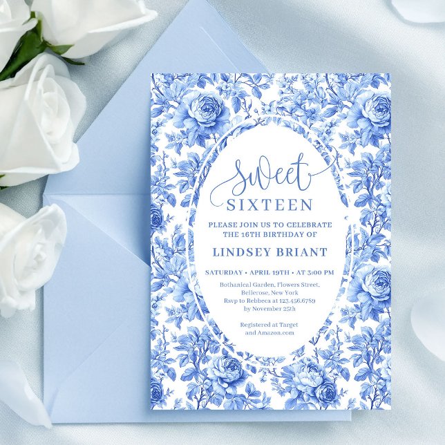 Invitación Chic Digital Blue Roses Sweet 16 (Blue Roses Chic Digital Sweet 16 Invitation)