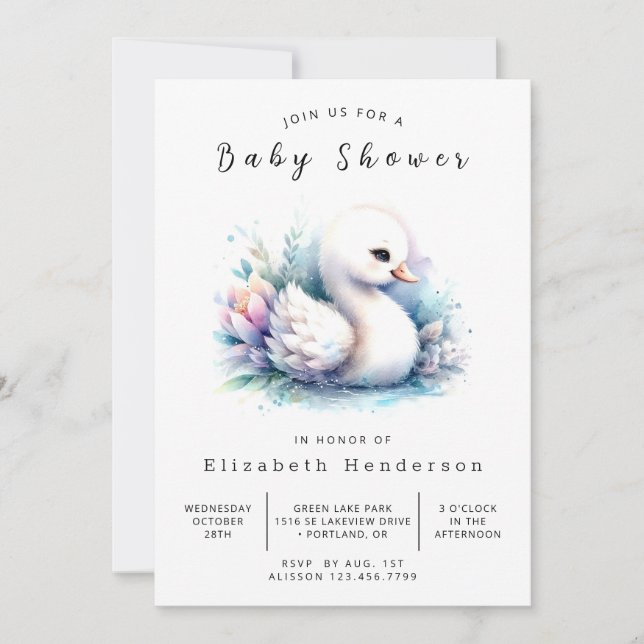 Invitación Chic Digital Swan Baby Shower (Anverso)