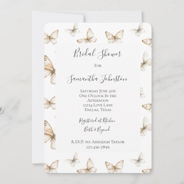 Invitación Chic Dorado Crema Blanco Mariposas Despedida de So (Anverso)