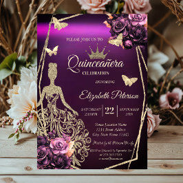 Invitación Chic Dress,Butterfly Violet Roses Quinceañera