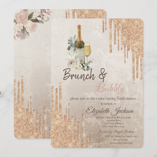 Invitación Chic Drips Brunch & Bubbly Desayuno Nupcial (Anverso / Reverso)