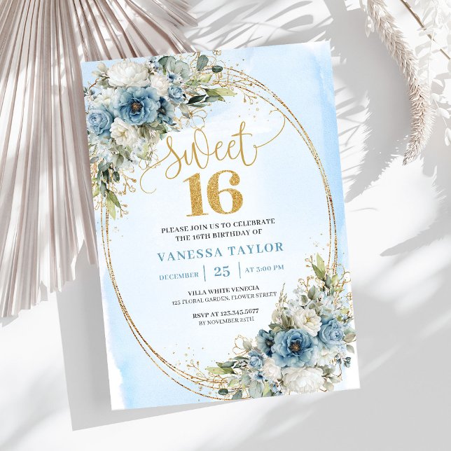Invitación Chic Dusty Blue Floral Eucalyptus Sweet 16 Invite (Chic Dusty Blue Floral Eucalyptus Sweet 16th Invite)