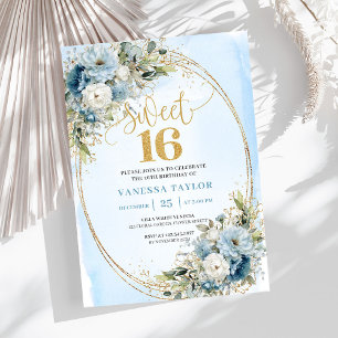 Invitación Chic Dusty Blue Floral Gold Sweet Sixte