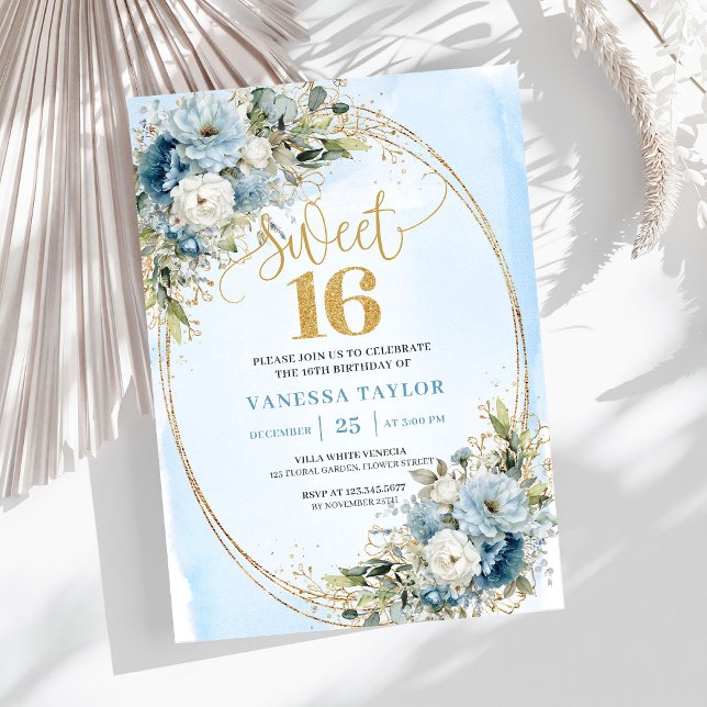 Invitación Chic Dusty Blue Floral Gold Sweet Sixte (Chic Dusty Blue Floral Gold Sweet Sixteen Invitation)