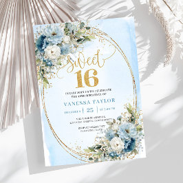 Invitación Chic Dusty Blue Floral Gold Sweet Sixteen Invite