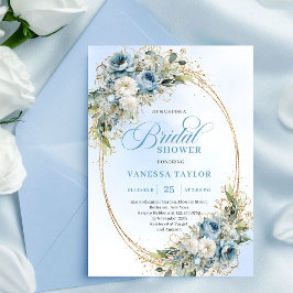 Invitación Chic Dusty Blue Flowers Gold Bridal Shower Invite