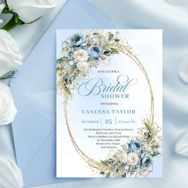 Invitación Chic Dusty Blue Flowers Gold Bridal Shower Invite (Chic Dusty Blue Flowers Gold Bridal Shower Invite)