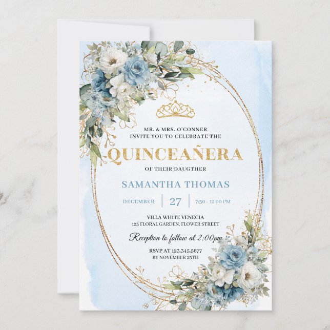 Invitación Chic Dusty Blue Gold Greenery Quince 15 Invitation (Anverso)
