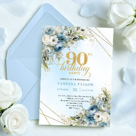 Invitación Chic Dusty Blue White Flowers 90th Birthday Invite