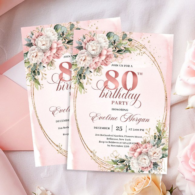 Invitación Chic Dusty Flores Rosadas Eucalipto 80 Cumpleaños  (Chic Dusty Pink Flowers Eucalyptus 80th Birthday Invite)