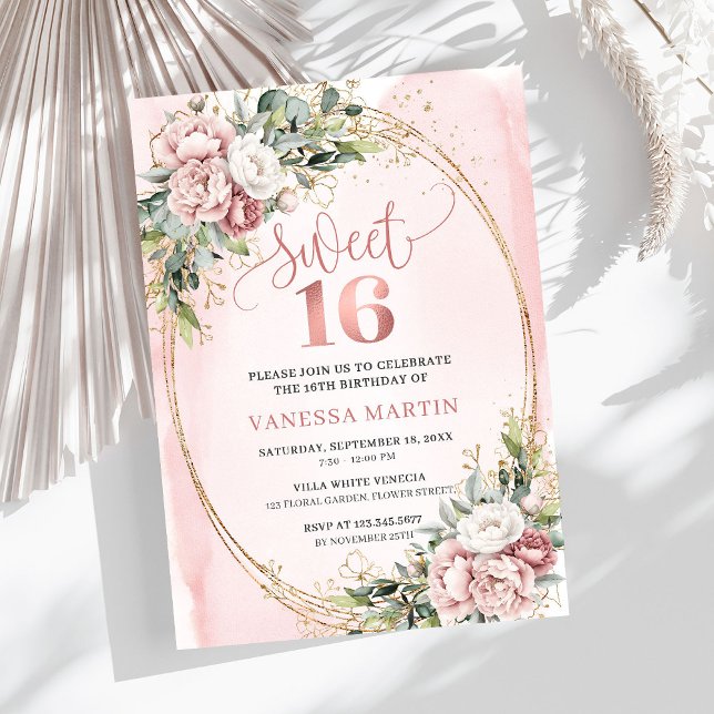 Invitación Chic Dusty Flores Rosadas Eucalipto Cumpleaños 16  (Chic Dusty Pink Flowers Eucalyptus 16th Birthday Invitation

)