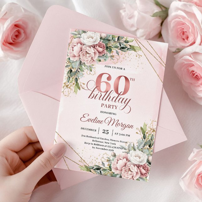Invitación Chic Dusty Pink Floral Watercolor 60th Birthday   (Chic Dusty Pink Floral Watercolor 60th Birthday Invite

)