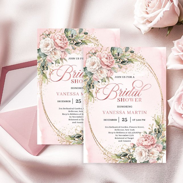 Invitación Chic Dusty Rosa Floral Dorado Brillo Despedida de  (Chic Dusty Pink Floral Gold Glitter Bridal Shower)
