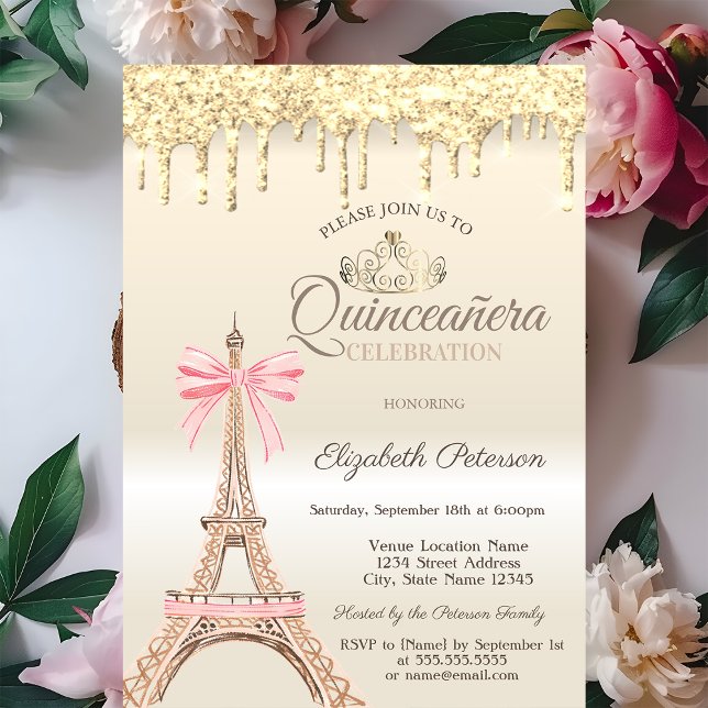 Invitación Chic Eiffel Tower Bow Drips Gold Quinceañera  (Subido por el creador)