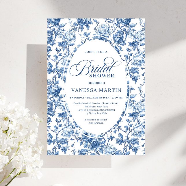 Invitación Chic Elegant Navy Toile de Jouy Rose Bridal Shower (Chic Elegant Navy Toile de Jouy Rose Bridal Shower Invitation)