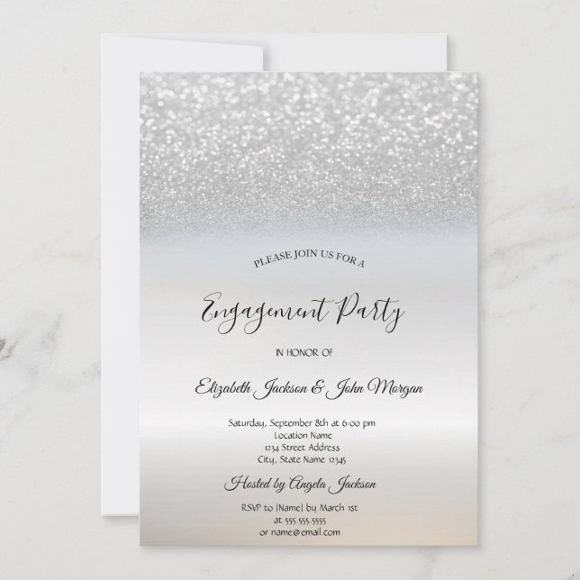 Invitación Chic Elegante Brillo de Plata Bokeh Compromiso  (Anverso)