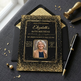 Invitación Chic Elegante Cumpleaños 60 Negro y Dorado Brillan