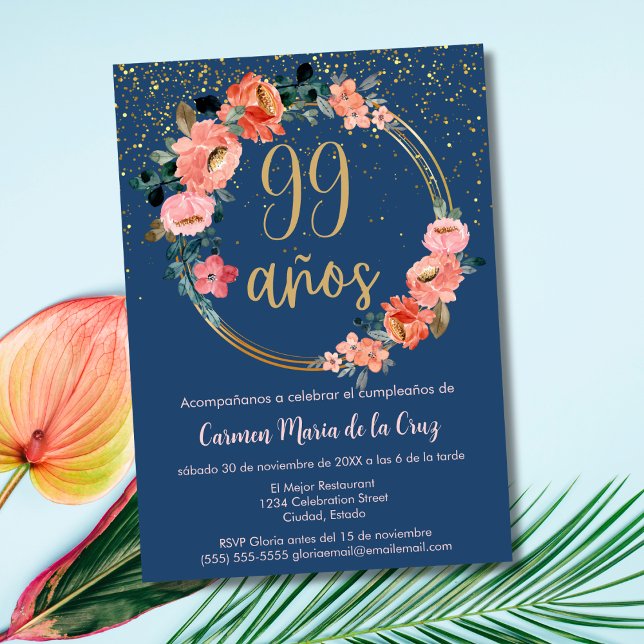 Invitación Chic Elegante Español Cumpleaños 99 Azul Rosa (Subido por el creador)