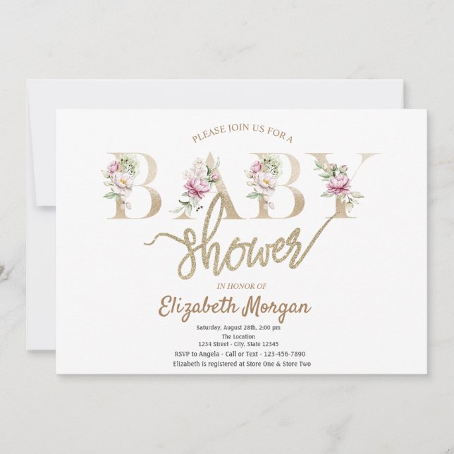 Invitación Chic Elegante Fiesta de Bebé Floral (Anverso)