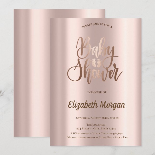 Invitación Chic Elegante Rosa Dorado  Baby Shower (Anverso / Reverso)